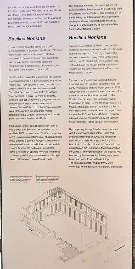 Herculaneum, Basilica Noniana. April 2023.
Descriptive card from Naples Archaeological Museum.
Photo courtesy of Giuseppe Ciaramella.